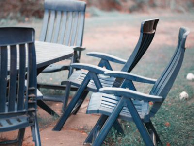 Plastic patio furniture before it is winterized and stored in a storage unit